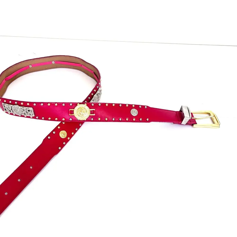 Vintage Womens Western Studded Lion‎ Belt 42 Red Faux Leather Concert Festival
